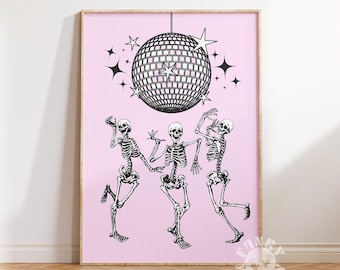 Póster de Halloween rosa, esqueletos danzantes, arte de pared de moda, decoración de fiesta de Halloween de discoteca preppy rosa, impresión femenina, arte imprimible, impresión digital