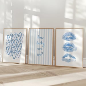 Trendy Blue Wall Art Set of 3, How Lucky Are We Print, Coastal Preppy Aesthetic, Trendy Posters, Digital Wall Art, Girly Dorm Room Decor
