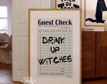 Halloween Poster Print, Bar Cart Decor, Drink Up Witches Retro Guest Check Print, Trendy Wall Art, Printable Art, Funny Quote, Digital Print