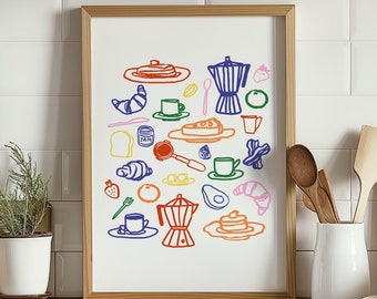 Breakfast Print, Retro Coffee Wall Art, Colorful Aesthetic Kitchen Decor, Printable Breakfast Food  Illustration, Cute Coffee Digital Print