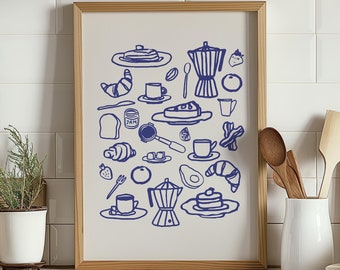 Retro Breakfast Print, Blue Kitchen Wall Art, Coffee Poster Digital Print, Aesthetic Kitchen Decor, Printable Food Art Illustration