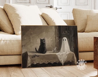 Black Cat Ghost Halloween Wall Art Print, Printable Vintage Style Rustic Painting, Cute Ghost Art, Cat Lover Downloadable Art, Digital Print