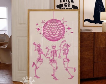 Impresión de Halloween con esqueletos danzantes, arte de pared moderno, decoración de fiesta de Halloween con estilo disco preppy rosa, impresión femenina, arte imprimible, impresiones digitales