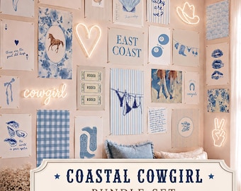 Coastal Cowgirl Print Set of 30 | Blue Western Wall Art | Preppy Beach Dorm Decor | Coastal Cowgirl Prints | Digital Download Bundle