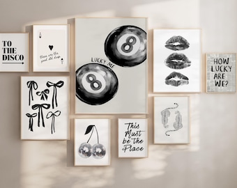 Trendy Wall Art Print Set of 9, Retro Black White Neutral Gallery Wall Set, Funky Digital Prints, Printable Posters Dorm Room Decor College