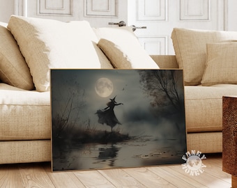Halloween Witch Wall Art Print, Witchy Decor, Printable Vintage Style Rustic Witch Dancing under Full Moon, Downloadable Art, Digital Print