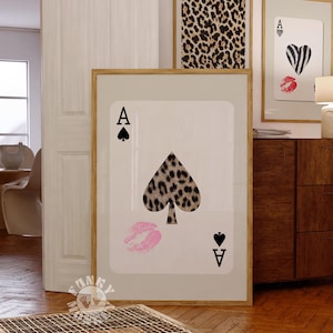 Impressão de carta de baralho Leopard Ace of Spades, pôster Pink Kiss Lips, estética retrô, arte de parede moderna, impressão digital Y2K descolada, arte para impressão