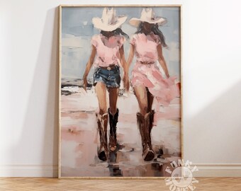 Trendy Western Printable Art, Coastal Cowgirl Painting, Southern Girl Print, Pink Preppy Cowgirl Aesthetic, Dark Skinned Cowgirl on Beach