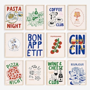 Kitchen Print Set, Food Wall Art, Retro Gallery Wall Set of 12 Digital Prints, Trendy Wall Art, Aesthetic Poster, Pasta Club Pizza Night