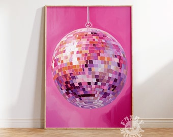 Pink Disco Ball Print, Maximalist Decor, Trendy Painting, Digital Funky Disco Ball, Preppy Wall Art, Printable Art, Dorm Room Girly Print