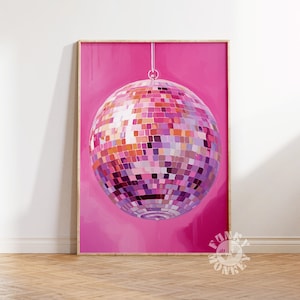 Pink Disco Ball Print, Maximalist Decor, Trendy Painting, Digital Funky Disco Ball, Preppy Wall Art, Printable Art, Dorm Room Girly Print