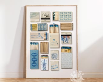Matchbox Art Print, Blue Coastal Cowgirl Matches Poster, Trendy Vintage Retro Matchbook Wall Art Aesthetic Wall Art Sea Shells Digital Print