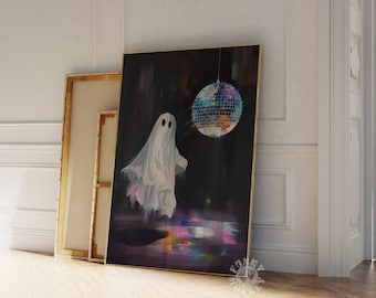 Impresión de arte fantasma, impresión digital de Halloween con bola de discoteca, linda pintura de fantasma para fiesta de Halloween, arte imprimible, decoración de Halloween elegante y moderna