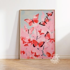 Butterfly Art Print, Pink Girly Digital Print, Girl&#39;s Nursery Room Painting, Coquette Aesthetic, Preppy Trendy Wall Art, Dorm Room Decor