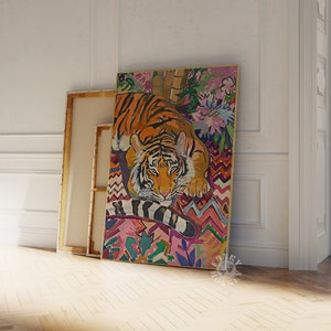Impresión de tigre, Estética de dopamina, Decoración maximalista, Impresión de pared de galería, Arte de pared de moda imprimible, Apartamento Boho, Pintura de tigre, Digital