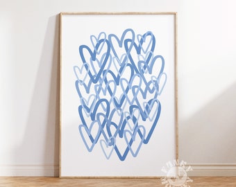Blaue Preppy Herzen Wand Kunst Druck, trendige druckbare Poster Abstrakte Herzen Digitaldruck Mädchen Zimmer Wohnheim College Zimmer Dekor, Instant Download