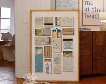 Matchbox Print, Blue Coastal Trendy Matches Poster, Vintage Retro Matchbook Wall Art, Preppy Aesthetic Wall Art, Sea Shells Digital Print