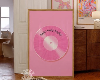 Pink Retro Vinyl Record Art Print, Trendy Music Aesthetic Printable Poster, Maximalist Dorm Room Decor, Digital Print, Printable Wall Art