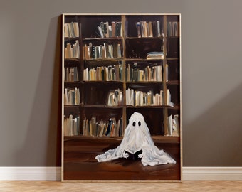 Impresión de arte de libro de lectura de fantasmas, impresión de arte de pared fantasma de biblioteca vintage, decoración de Halloween, academia oscura, pintura de fantasmas, arte imprimible, digital