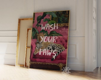 Funny Bathroom Wall Art Print, Animal Wash Your Paws Printable, Cheetah Leaopard Maximalist Aesthetic Decor, Dopamine Digital Print