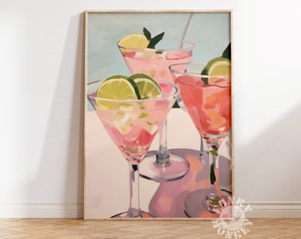 Summer Cocktail Print, Pink Bar Cart Art Print, Retro Bar Cart Decor, Preppy Drink Painting, Printable Art, Trendy Wall Art, Digital Prints