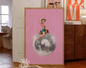 Disco Cowgirl Print, Retro Pop Art, Cowgirl Disco Ball trendige Wandkunst, adrette druckbare Poster, flippige Wandkunst Digitaldrucke Collage Druck