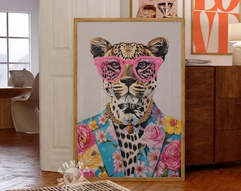 Funky Fashion Leopard Art Print, Funky Wall Art, Dopamine Aesthetic, Maximalist Decor, Funny Animal Painting, Trendy Preppy Digital Print