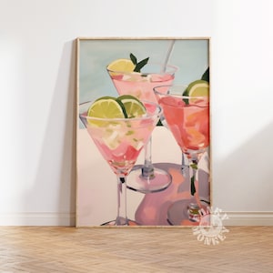 Sommer Cocktail Druck, Pink Bar Warenkorb Kunstdruck, Retro Bar Warenkorb Dekor, Adrette Getränk Gemälde, druckbare Kunst, trendige Wandkunst, Digitaldrucke