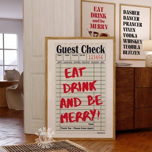 Puede incluir: Un cheque de restaurante de estilo vintage con el texto "Eat Drink and Be Merry!" en rojo. El cheque tiene un fondo blanco con líneas negras y el texto "Guest Check" en la parte superior.
