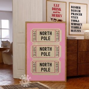 Pink North Pole Ticket Stub Print, Trendy Holiday Poster, Digitaldruck, druckbare Kunst, adrette Weihnachtsdekor, Mädchenzimmer Wand Kunstdruck