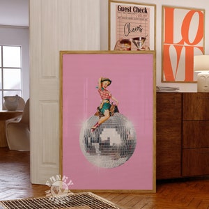 Disco Cowgirl Print, Retro Pop Art, Cowgirl Disco Ball trendige Wandkunst, adrette druckbare Poster, flippige Wandkunst Digitaldrucke Collage Druck
