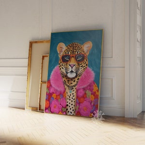 Mode Tierdruck, Funky Leopard Kunstdruck, Preppy Leopard Druckbare Kunst Dopamin Ästhetische Maximalist Dekor Lustige Tiermalerei