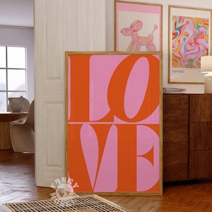 LOVE Poster, Rosa Orange Retro Liebe druckbare Wandkunst, adrette Ästhetik, trendige Wandkunst, Y2K Druck, Typografie Druck, Digitaldruck