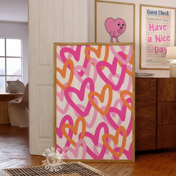Affiche imprimable tendance coeurs rose orange BCBG, impression d'art mural coeurs graffiti, art coeurs abstraits, impressions numériques, dortoir universitaire