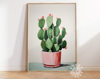 Impresión de cactus, impresión de arte de pared de moda, impresión digital, cartel colorido brillante, arte imprimible de flor rosa de cactus boho, cartel amante de las plantas