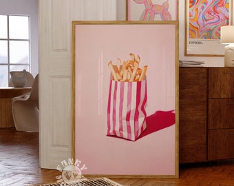 French Fries Print, Pink Retro Kitchen Wall Art, Printable Art, Girly Preppy Dorm Room Decor, Retro Painting, Digital Download