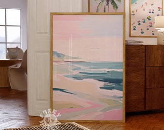 Abstract Beach Print, Pink Coastal Art, Girly Apartment Decor, Pastel Wall Art, Downloadable Summer Poster, Beach Aesthetic, Digital Print