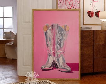 Disco Cowgirl Boots Print, Silver Cowboy Boots Western Painting, Maximalist Decor, Retro Silver Boots, Dorm Room Pink Girly Digital Prints