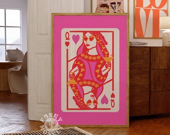 May include: A pink and orange Queen of Hearts playing card illustration with a woman wearing sunglasses and holding a cocktail. The card is on a pink background.