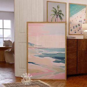 Impresión abstracta de playa, arte costero rosa, decoración de apartamentos femeninos, arte de pared en colores pastel, póster de verano descargable, estética de playa, impresión digital