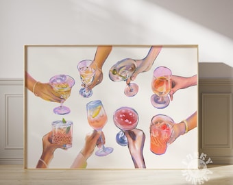 Bar Cart Prints, Cheers Print, Trendy Wall Art Printable Kitchen Wall Art Drinks Digital Print Cocktail Poster Downloadable Horizontal Print