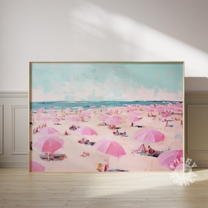 Vintage Beach Print, Pink Beach Umbrella Painting, Printable Art, Abstract Coastal Art, Downloadable Retro Poster Girly Apartment Aesthetic