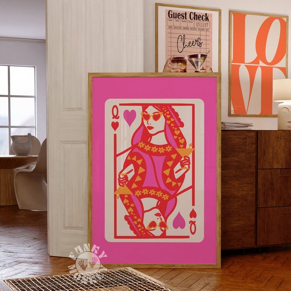 Queen of Hearts Playing Card, Funky Wall Art Printable Preppy Dorm Room Decor Dopamine Poster Print, F Y2K Aesthetic Maximalist Wall Art