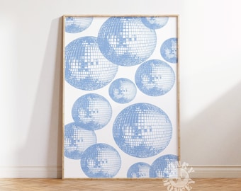 Blue Disco Ball Wall Art Print, Blue Aesthetic Poster, Trendy Wall Art, Preppy Printable, Girly Retro Digital Print, College Dorm Room Decor