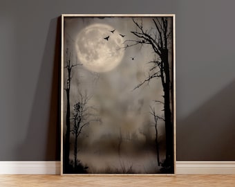 Spooky Full Moon Landscape Print, Eerie Halloween Decor, Gothic Halloween, Dark Academia Decor, Moody Printable Art, Digital Print