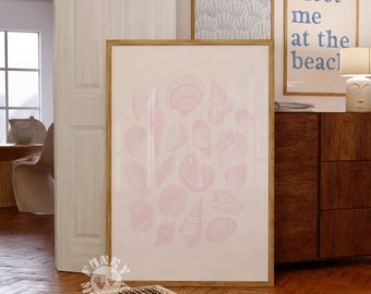 Pink Sea Shells Wall Art Print, Coastal Granddaughter Room Decor, Vintage Coastal Aesthetic, Beach Summer Printable Poster Trendy Dorm Room