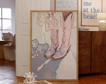 Pink Cowgirl Boots Wall Art Print, Retro Western Downloadable Art, Coquette Aesthetic Room Decor, Girly Coastal Cowgirl, Lace Digital Print