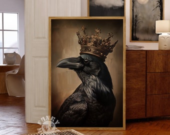 Raven Wall Art Print, Gothic Halloween Decor, Dark Academia Aesthetic , Victorian Crown Vintage Style Portrait, Wicca Moody Printable Art