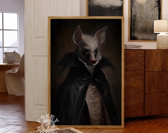 Vampire Bat Gothic Halloween Art Print, Victorian Vintage Style Portrait, Dark Academia Decor, Moody Wicca Art Print, Downloadable Art