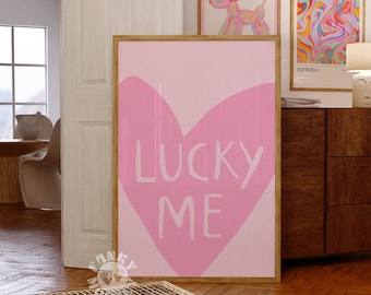 Lucky Me Trendy Preppy Wall Art Print, Pink Red Heart Printable Poster, Retro College Apartment Aesthetic, Digital Prints, Downloadable Art